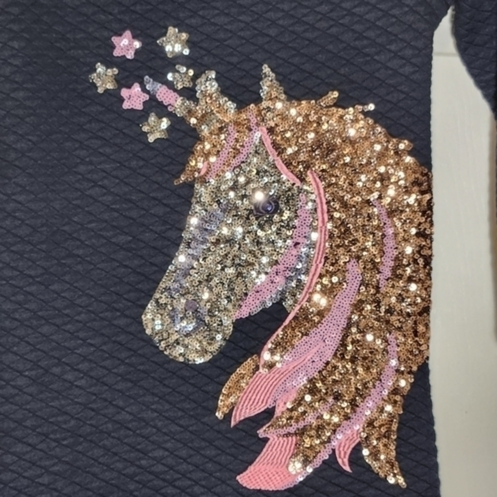 Monsoon Quilted pattern navy blue Sequin unicorn Head Shiny 7/8 yr old Dress‎